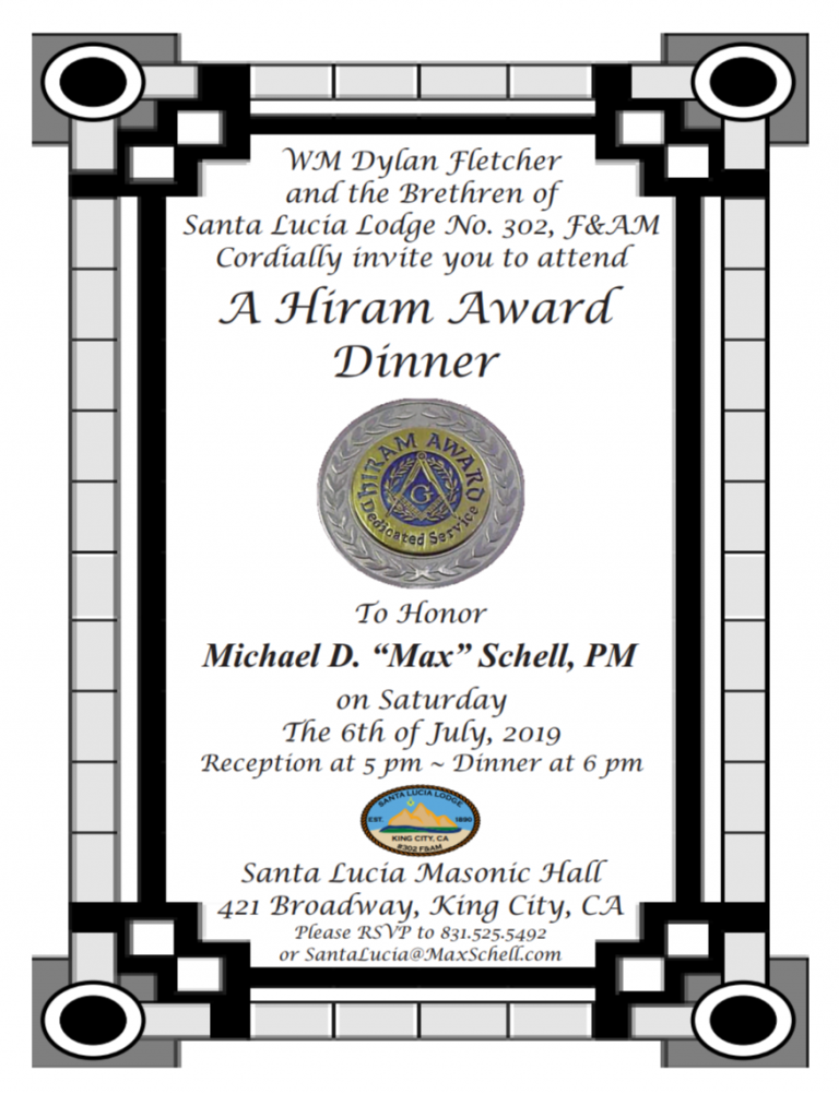 Texas Lodge No. 46 of San Juan Bautista California » 7/6/2019 Hiram award Dinner for Michael D